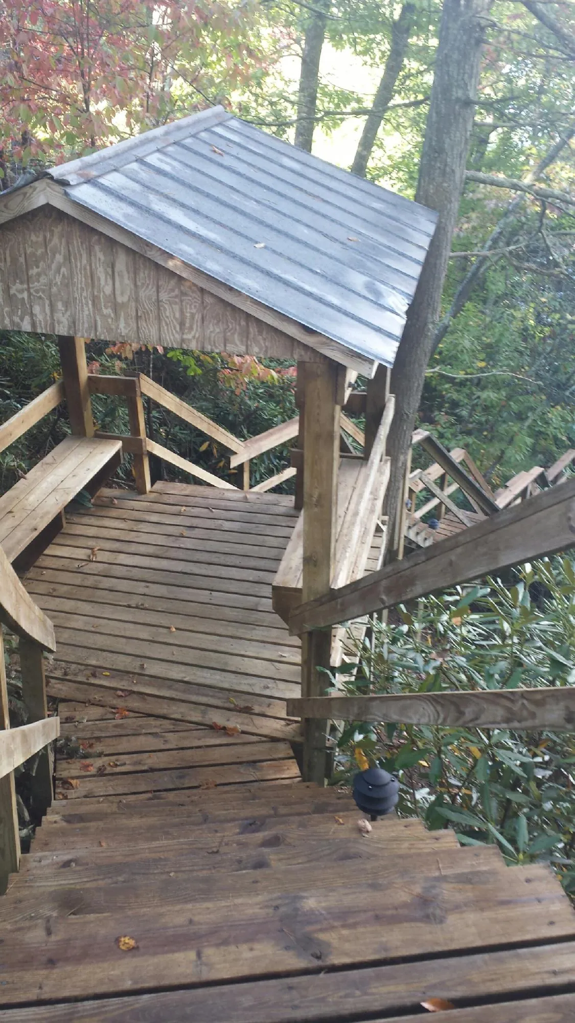 Metal roofed shelter over wooden steps on a wooded walkway — Skylight Repair & Installation work by our crew in Mulino